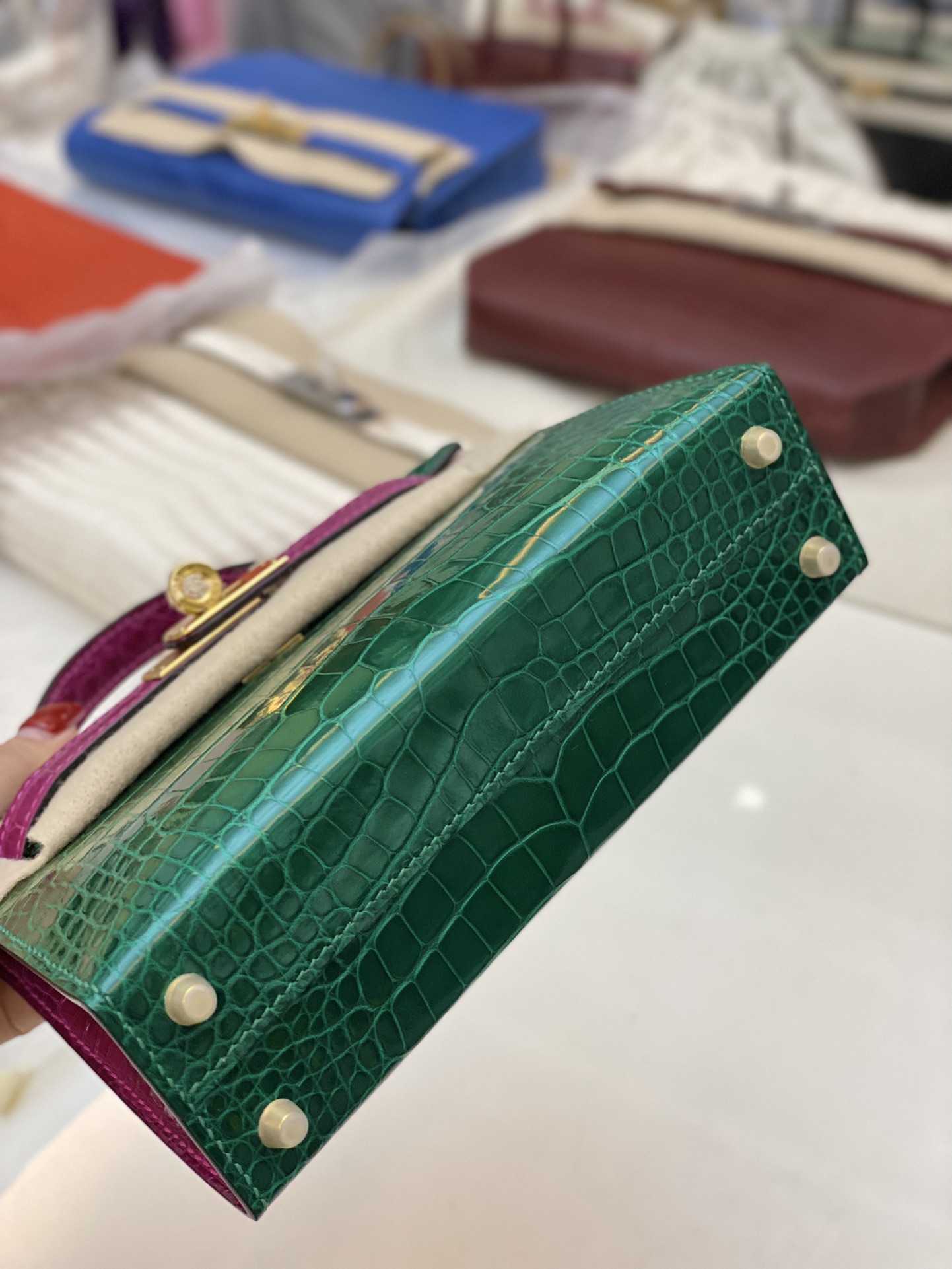 Hermes Kelly Mini II Bag 19CM In Green Purple Shiny Alligator Leather